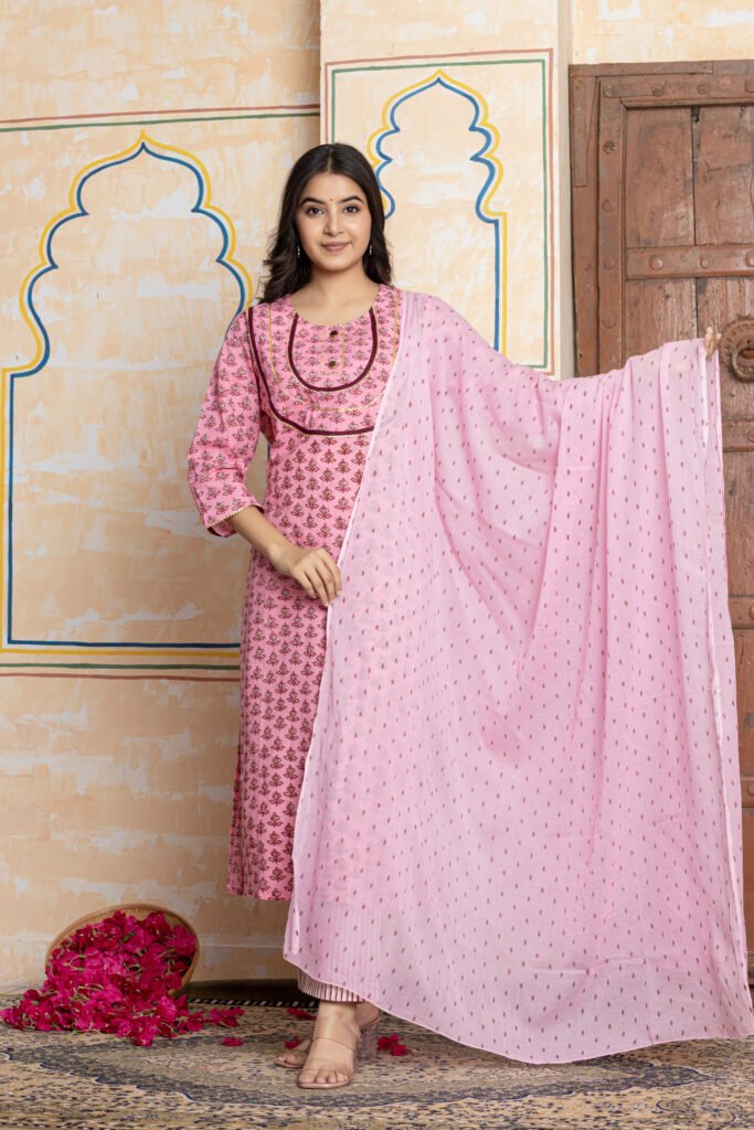 Block Print Cotton Kurta Pant Dupatta Set with Yoke Detailing