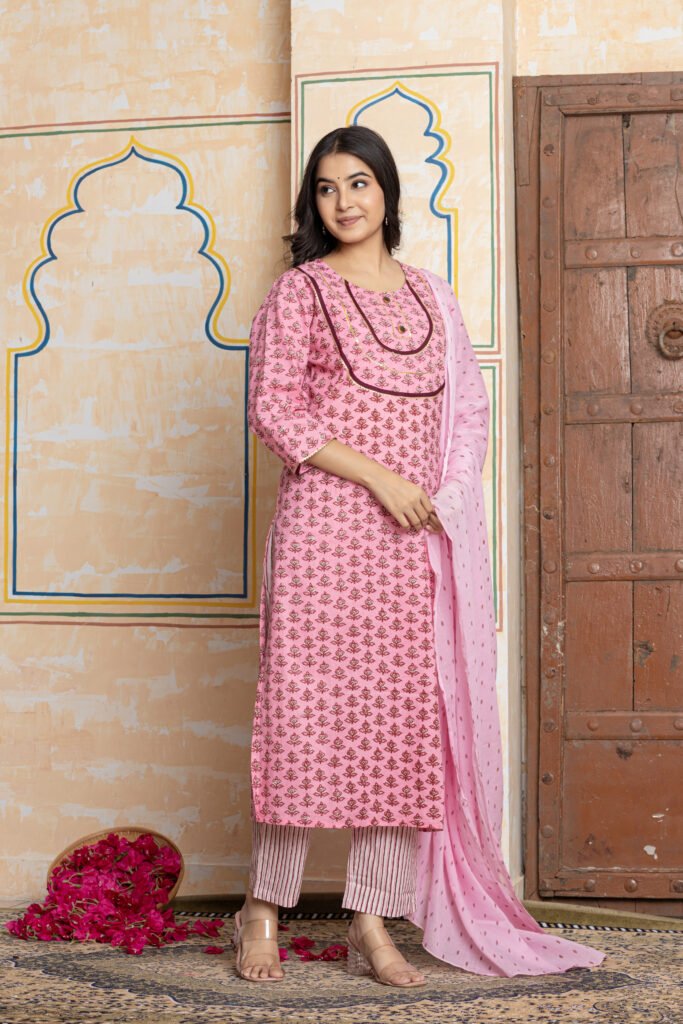 Block Print Cotton Kurta Pant Dupatta Set with Yoke Detailing