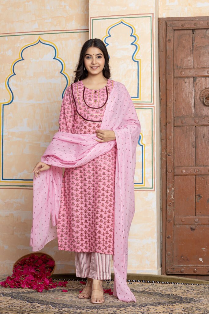 Block Print Cotton Kurta Pant Dupatta Set with Yoke Detailing