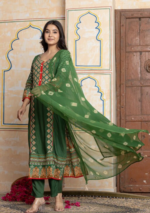 Green Printed Ethnic Cotton Kurta Pant Dupatta Set