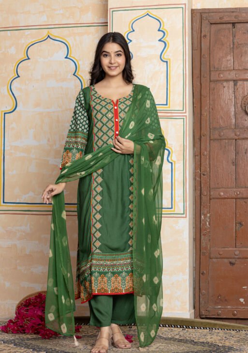 Green Printed Ethnic Cotton Kurta Pant Dupatta Set