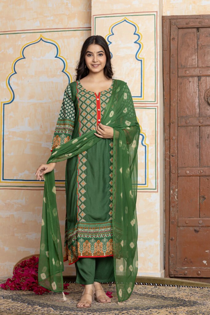 Green Printed Ethnic Cotton Kurta Pant Dupatta Set