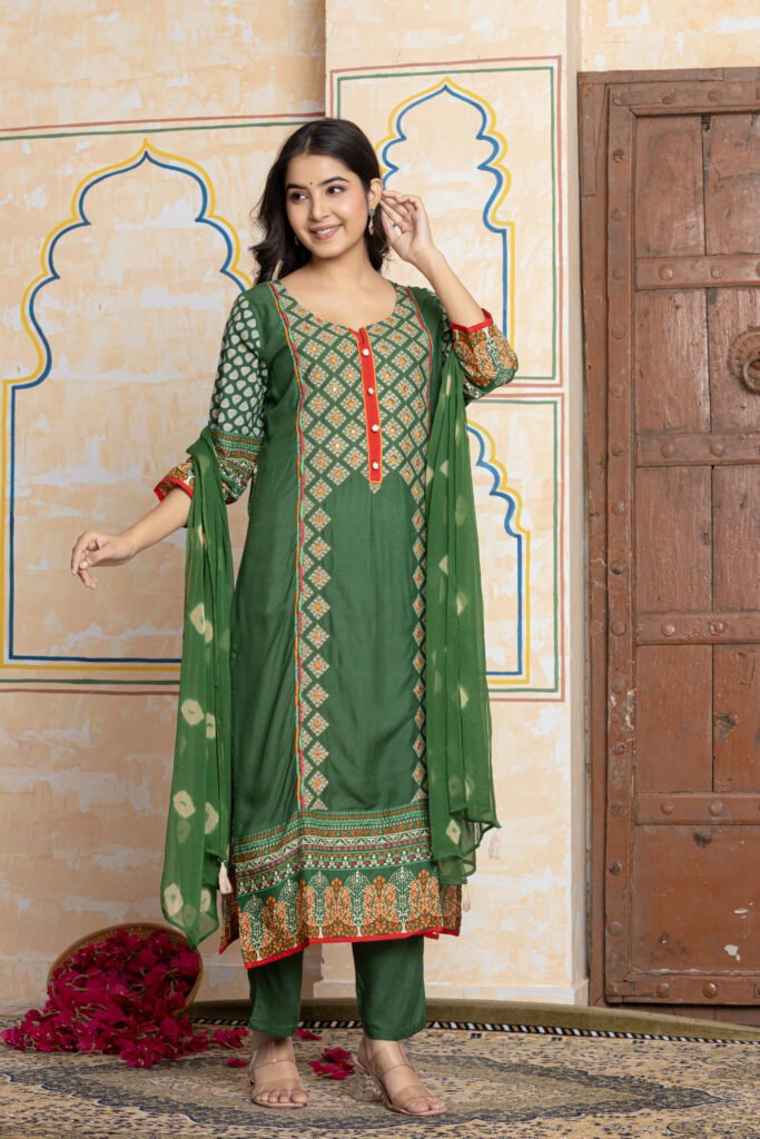 Green Printed Ethnic Cotton Kurta Pant Dupatta Set