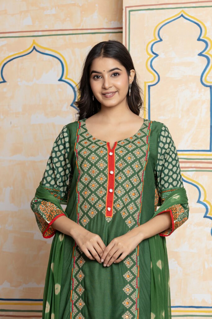 Green Printed Ethnic Cotton Kurta Pant Dupatta Set