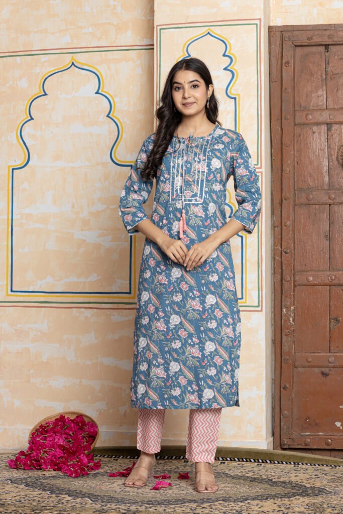 Floral Printed Cotton Kurta Pant Dupatta Set