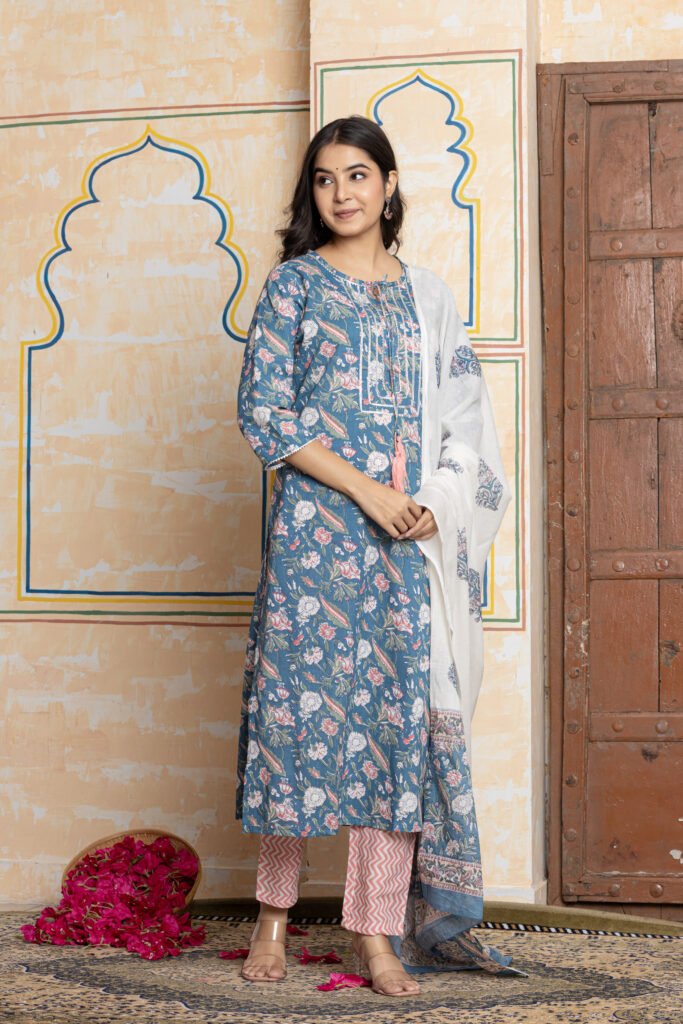 Floral Printed Cotton Kurta Pant Dupatta Set