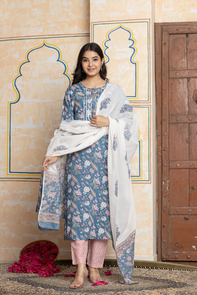 Floral Printed Cotton Kurta Pant Dupatta Set