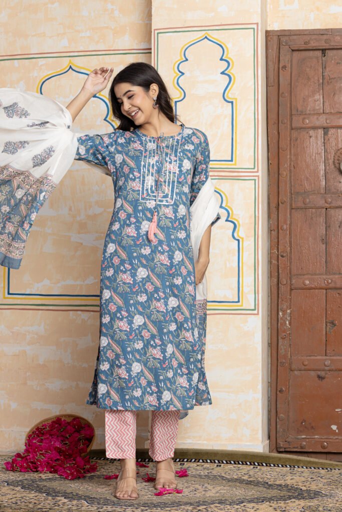 Floral Printed Cotton Kurta Pant Dupatta Set