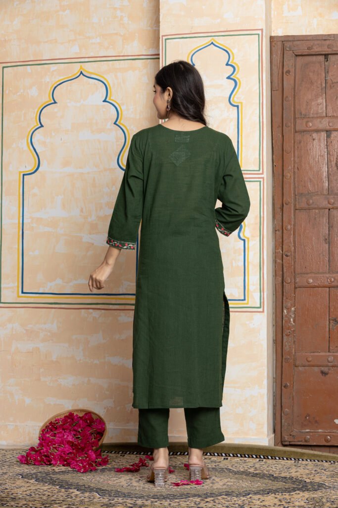 Embroidered Cotton Kurta Pant Dupatta Set