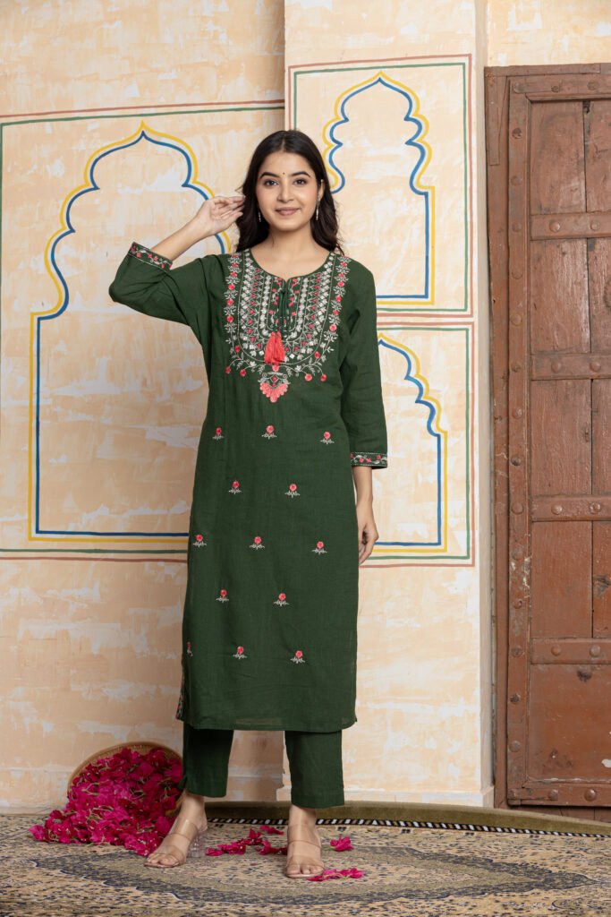 Embroidered Cotton Kurta Pant Dupatta Set
