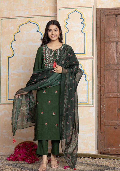 Embroidered Cotton Kurta Pant Dupatta Set