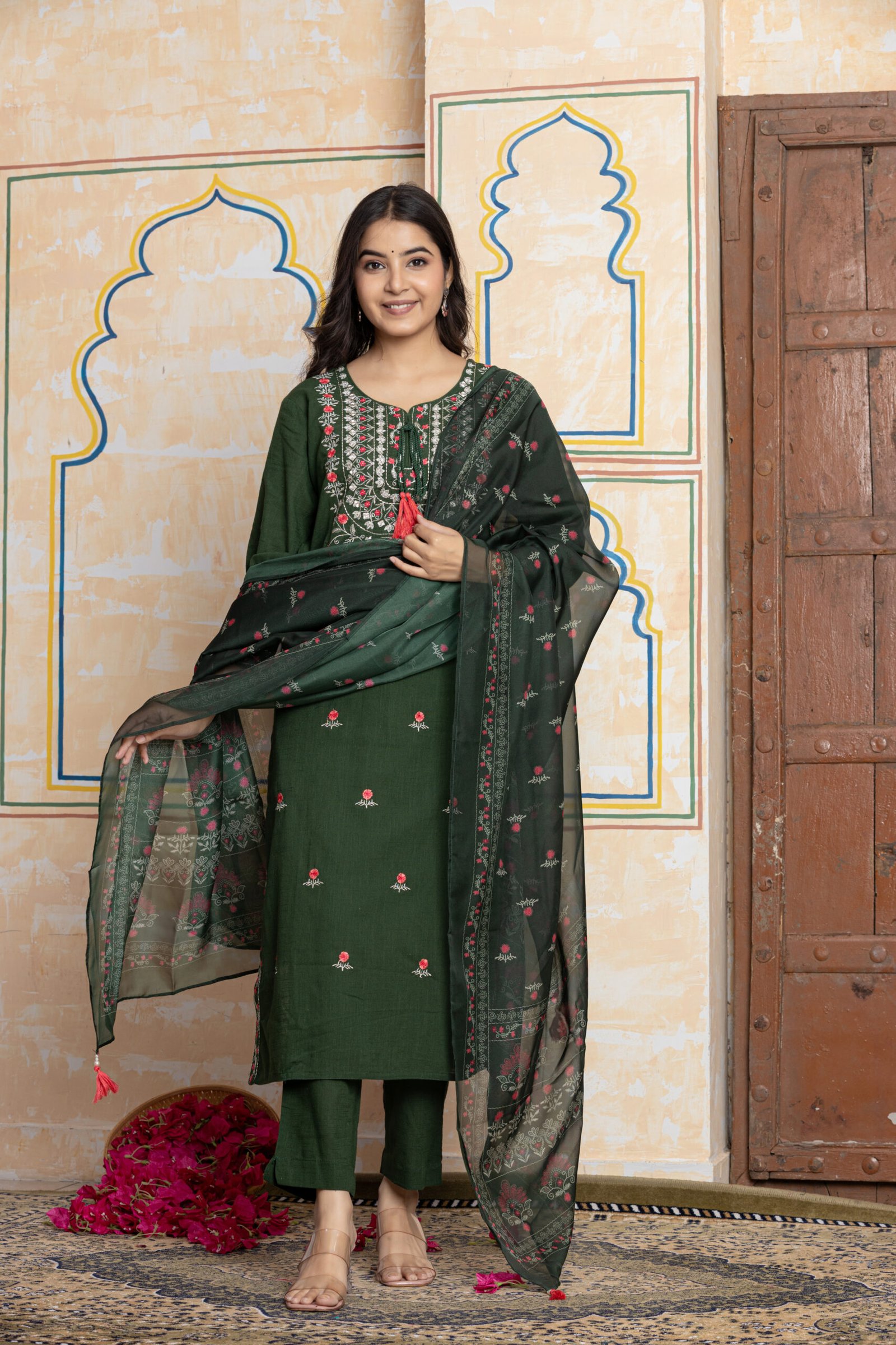 Embroidered Cotton Kurta Pant Dupatta Set