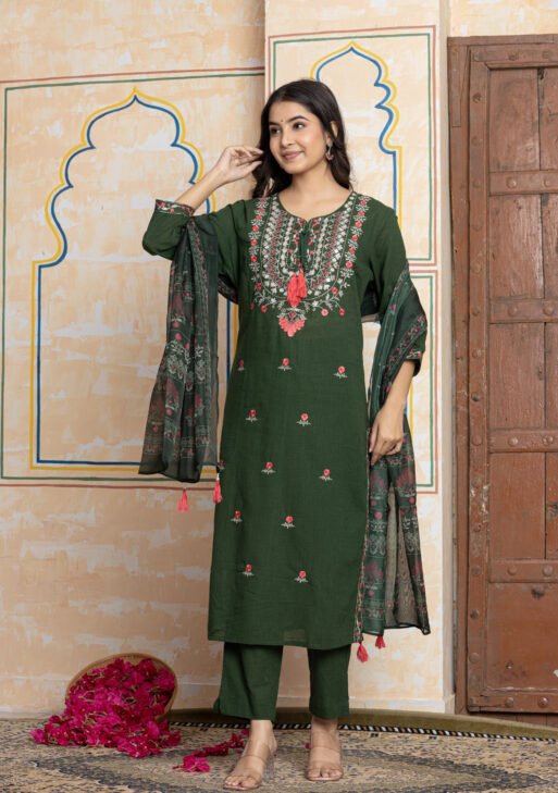 Embroidered Cotton Kurta Pant Dupatta Set