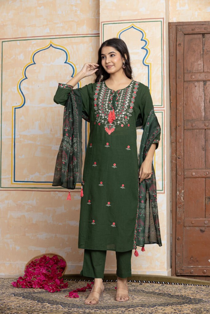 Embroidered Cotton Kurta Pant Dupatta Set