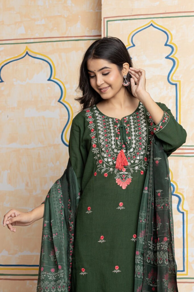 Embroidered Cotton Kurta Pant Dupatta Set