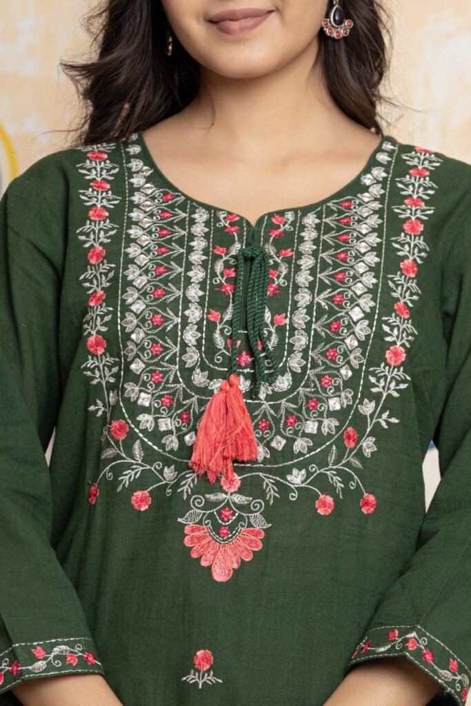Embroidered Cotton Kurta Pant Dupatta Set