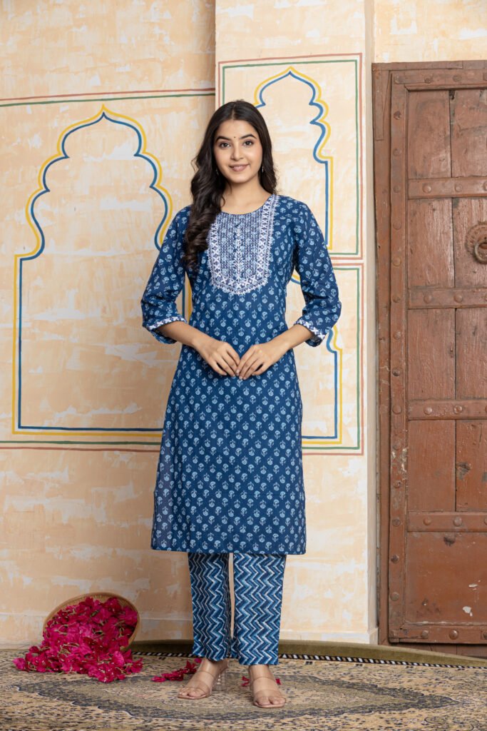Printed Embroidered Cotton Kurta Pant Dupatta Set