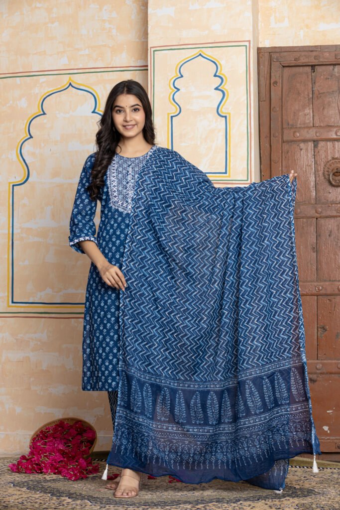 Printed Embroidered Cotton Kurta Pant Dupatta Set