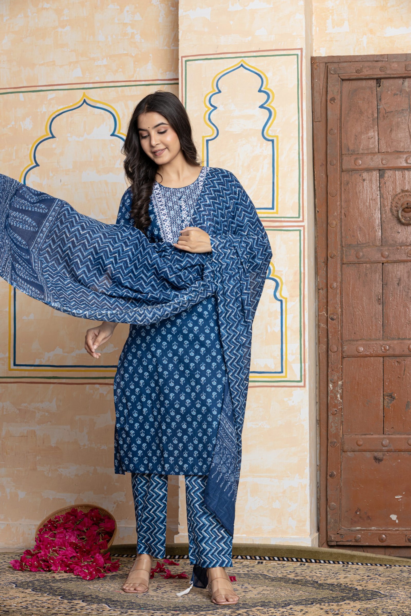 Printed Embroidered Cotton Kurta Pant Dupatta Set