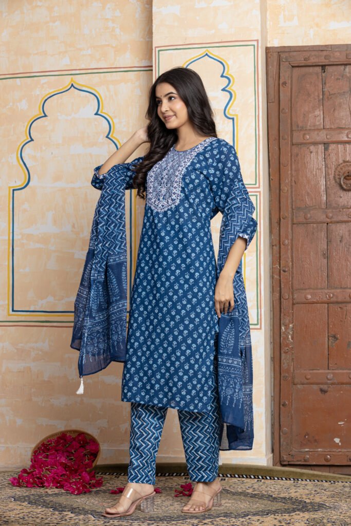 Printed Embroidered Cotton Kurta Pant Dupatta Set