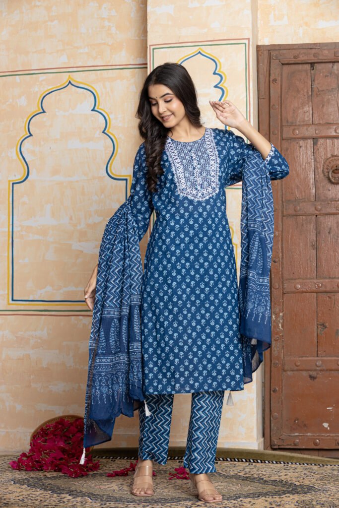 Printed Embroidered Cotton Kurta Pant Dupatta Set
