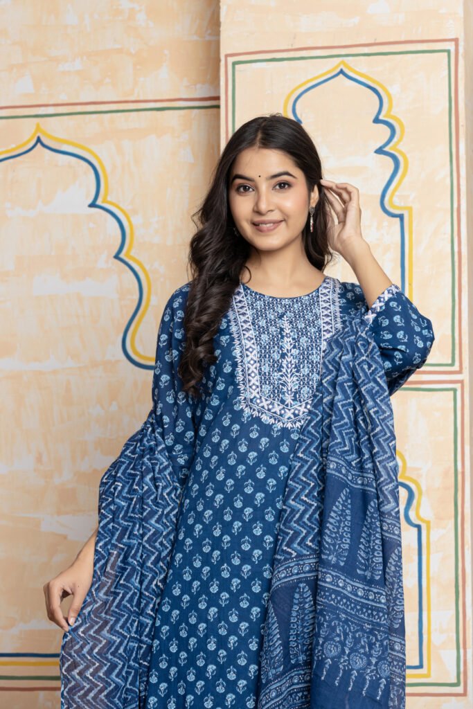 Printed Embroidered Cotton Kurta Pant Dupatta Set