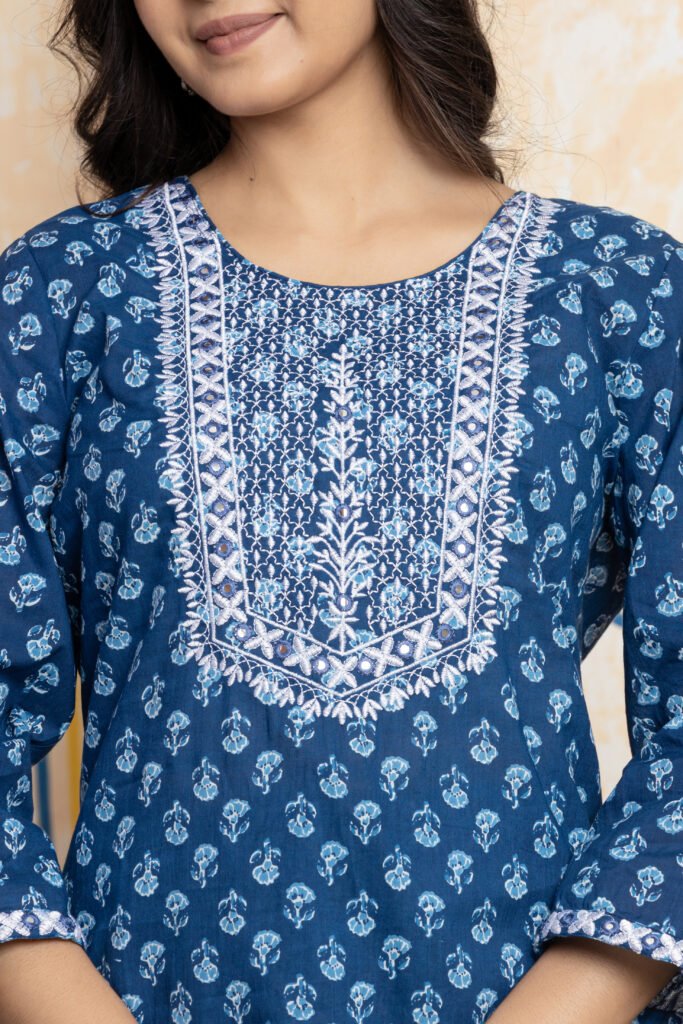 Printed Embroidered Cotton Kurta Pant Dupatta Set