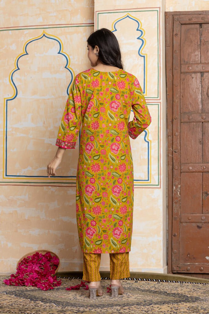 Mustard Yellow & Pink Floral Embroidered Cotton Kurta Pant Dupatta Set