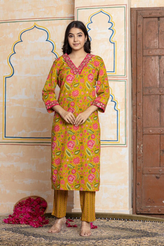 Mustard Yellow & Pink Floral Embroidered Cotton Kurta Pant Dupatta Set