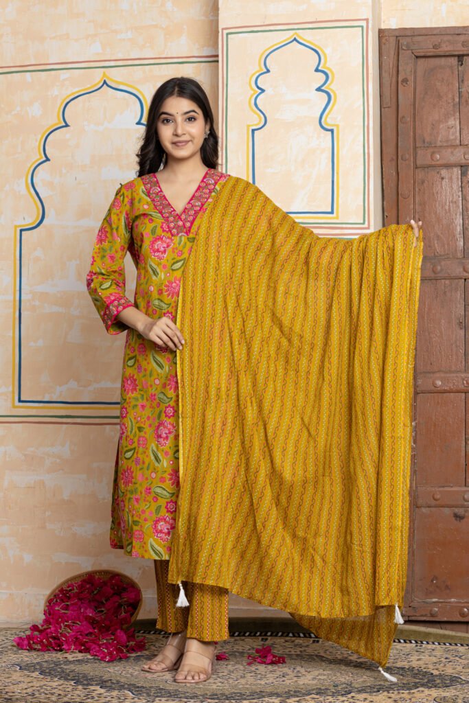 Mustard Yellow & Pink Floral Embroidered Cotton Kurta Pant Dupatta Set