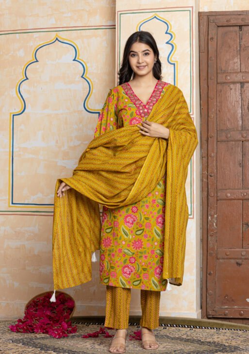 Mustard Yellow & Pink Floral Embroidered Cotton Kurta Pant Dupatta Set