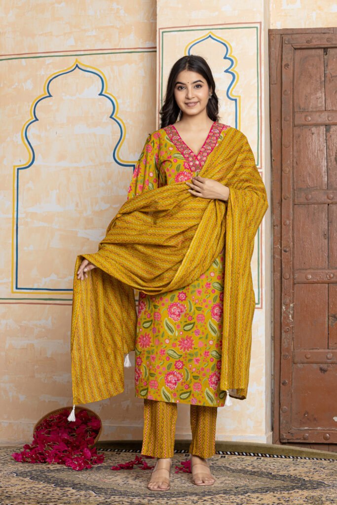 Mustard Yellow & Pink Floral Embroidered Cotton Kurta Pant Dupatta Set