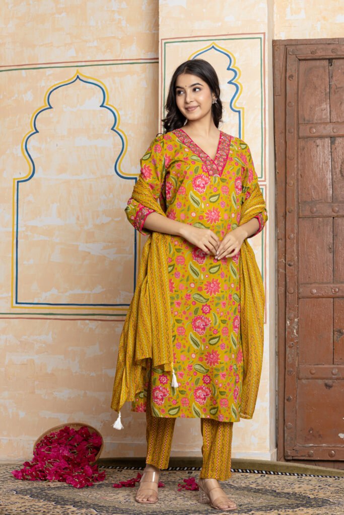 Mustard Yellow & Pink Floral Embroidered Cotton Kurta Pant Dupatta Set