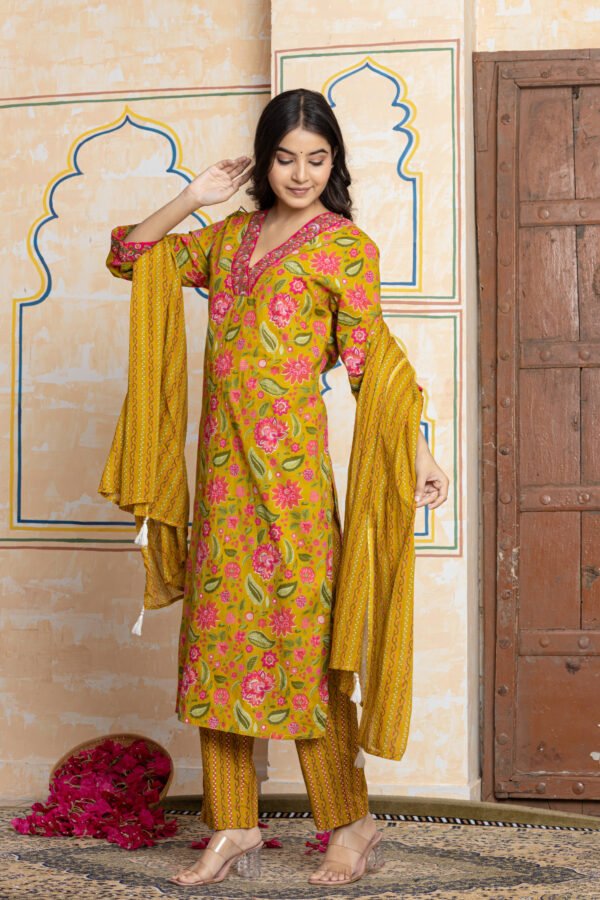 Mustard Yellow & Pink Floral Embroidered Cotton Kurta Pant Dupatta Set