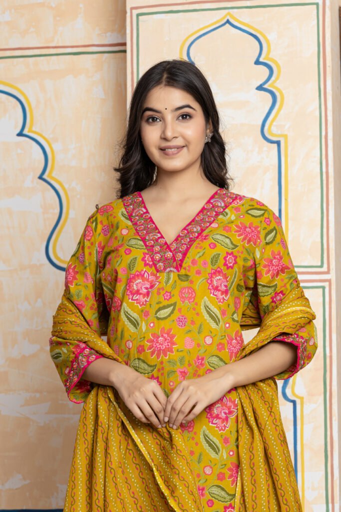 Mustard Yellow & Pink Floral Embroidered Cotton Kurta Pant Dupatta Set