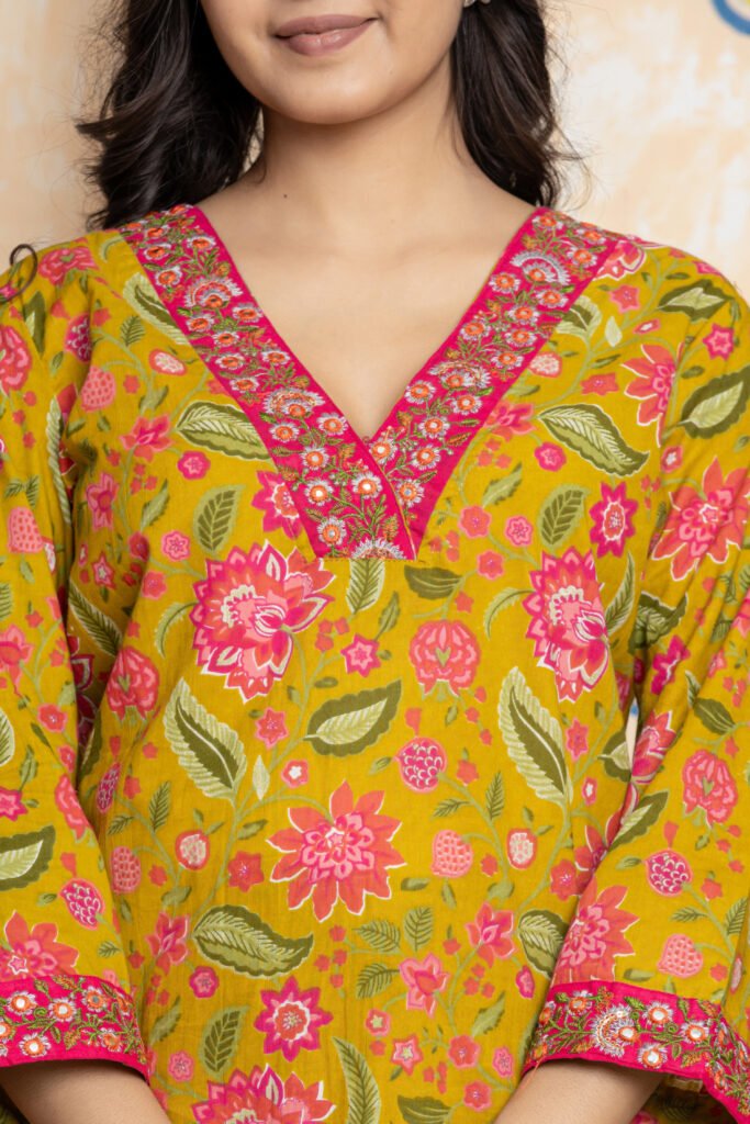 Mustard Yellow & Pink Floral Embroidered Cotton Kurta Pant Dupatta Set
