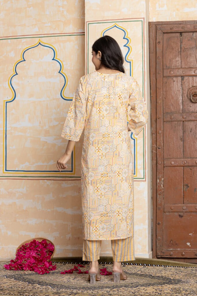 Geometric Print Pure Cotton Kurta Pant Dupatta Set