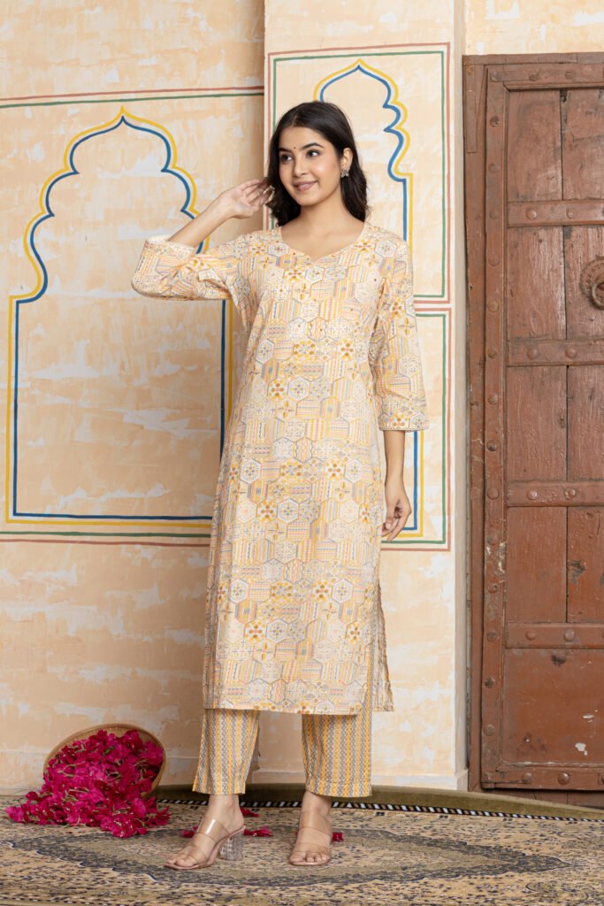 Geometric Print Pure Cotton Kurta Pant Dupatta Set