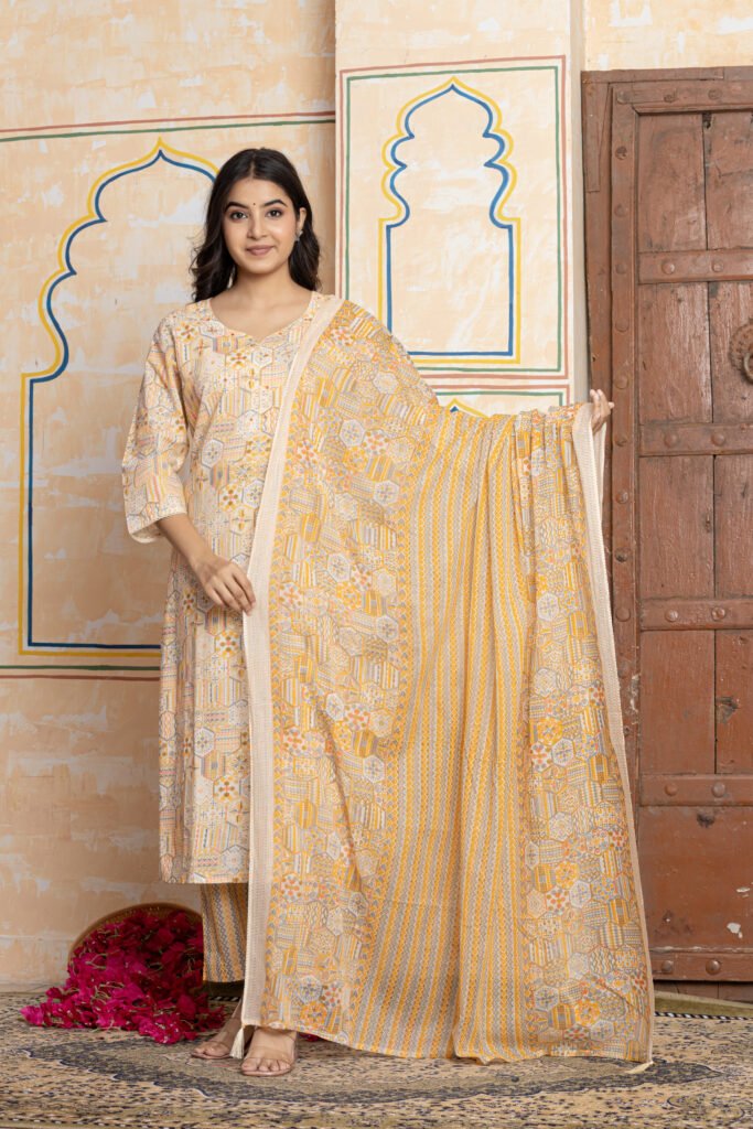 Geometric Print Pure Cotton Kurta Pant Dupatta Set