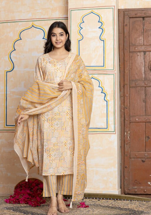 Geometric Print Pure Cotton Kurta Pant Dupatta Set