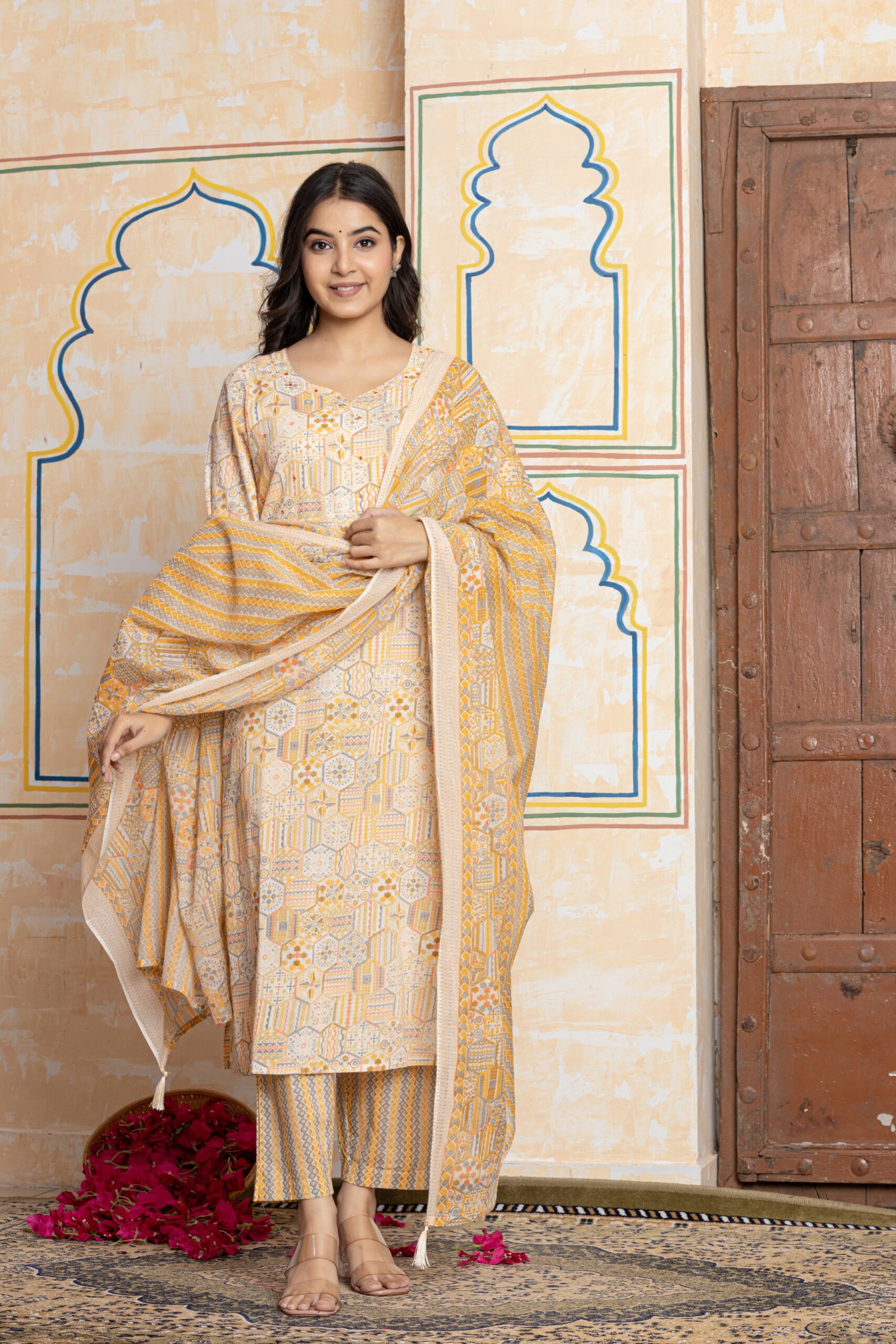 Geometric Print Pure Cotton Kurta Pant Dupatta Set