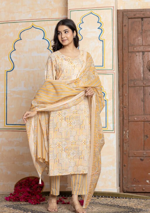Geometric Print Pure Cotton Kurta Pant Dupatta Set