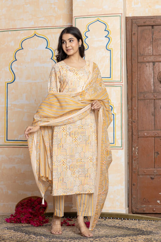 Geometric Print Pure Cotton Kurta Pant Dupatta Set