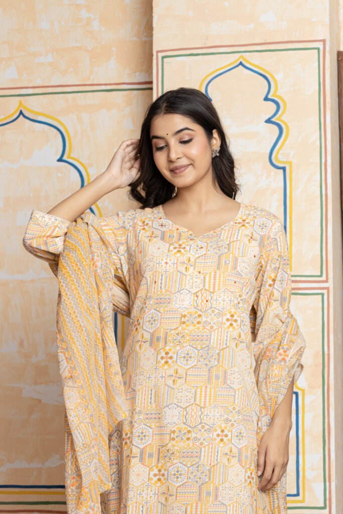 Geometric Print Pure Cotton Kurta Pant Dupatta Set