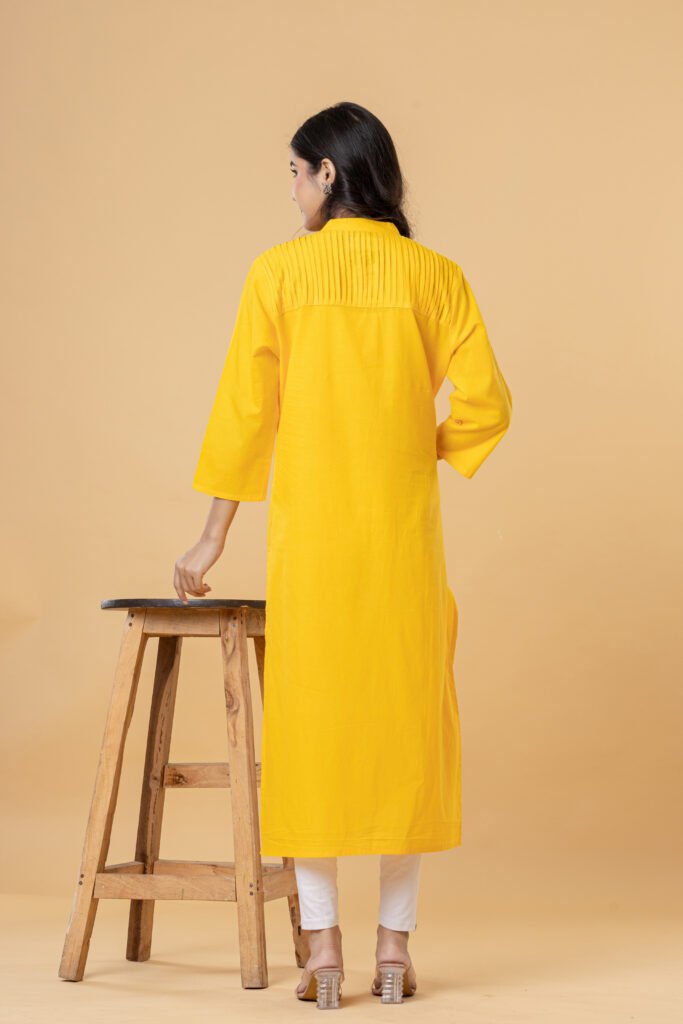 Women Yellow Solid Straight Pintuck Cotton Kurti