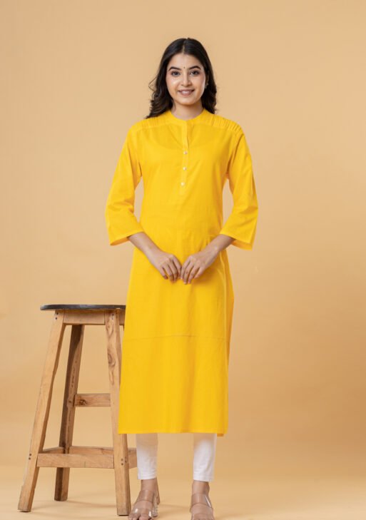 Women Yellow Solid Straight Pintuck Cotton Kurti