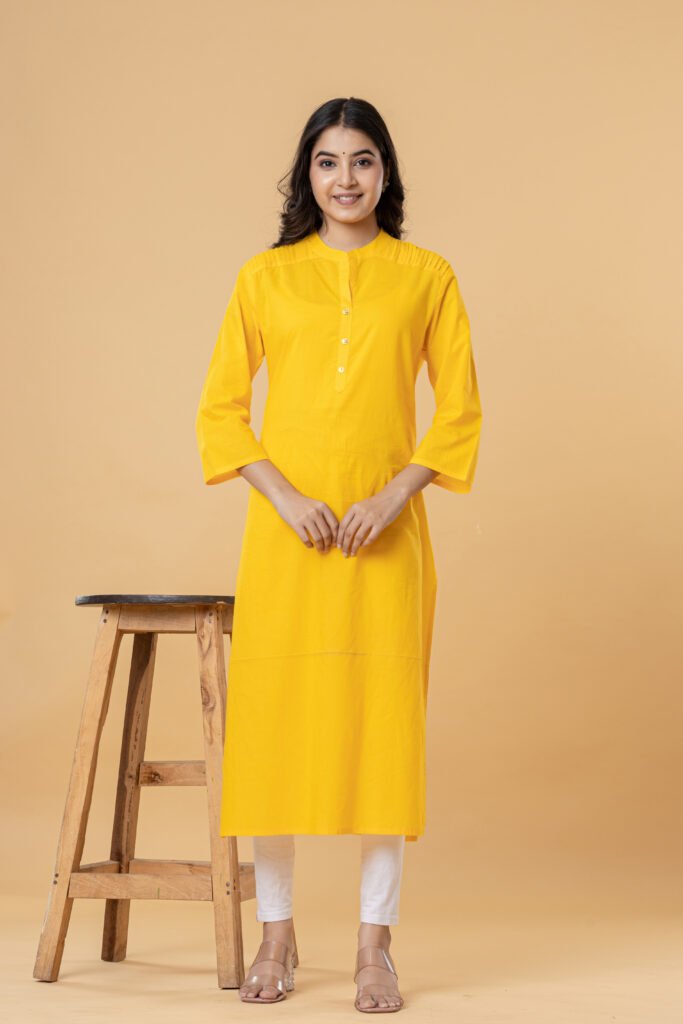 Women Yellow Solid Straight Pintuck Cotton Kurti