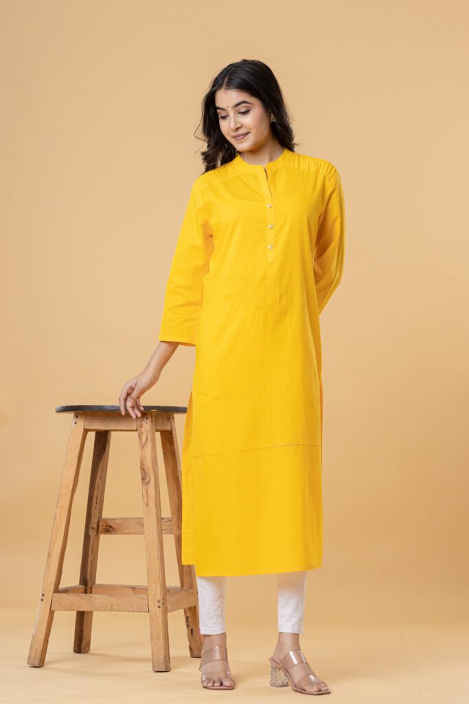 Women Yellow Solid Straight Pintuck Cotton Kurti