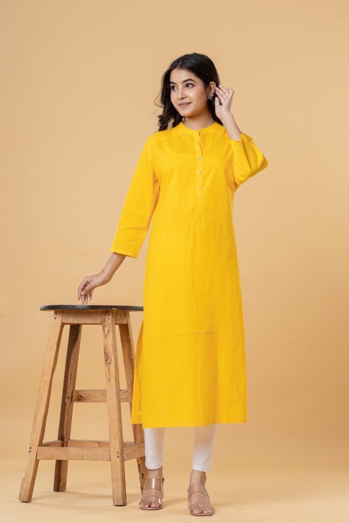 Women Yellow Solid Straight Pintuck Cotton Kurti
