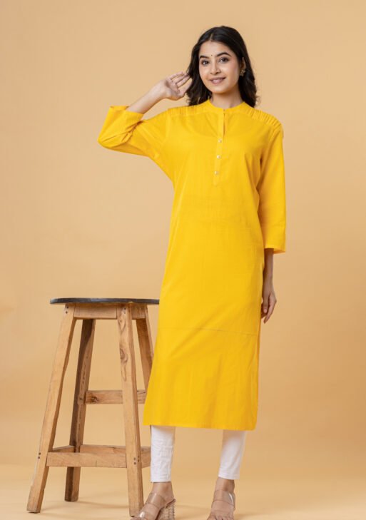 Women Yellow Solid Straight Pintuck Cotton Kurti